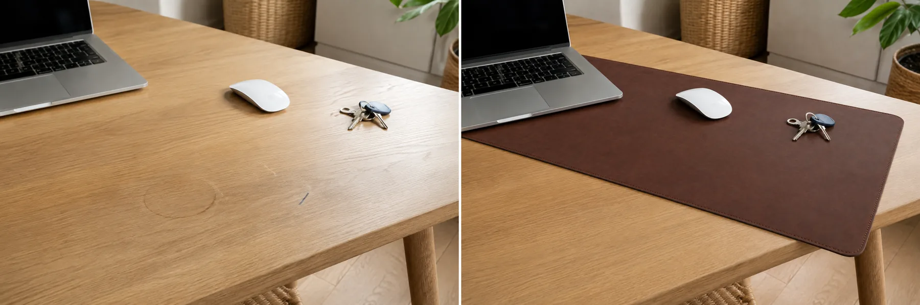 Le même bureau en bois clair vu sous le même angle : à gauche sans protection, avec une auréole de tasse et une trace de stylo sur le bois ; à droite avec le sous-main installé et le plateau intact