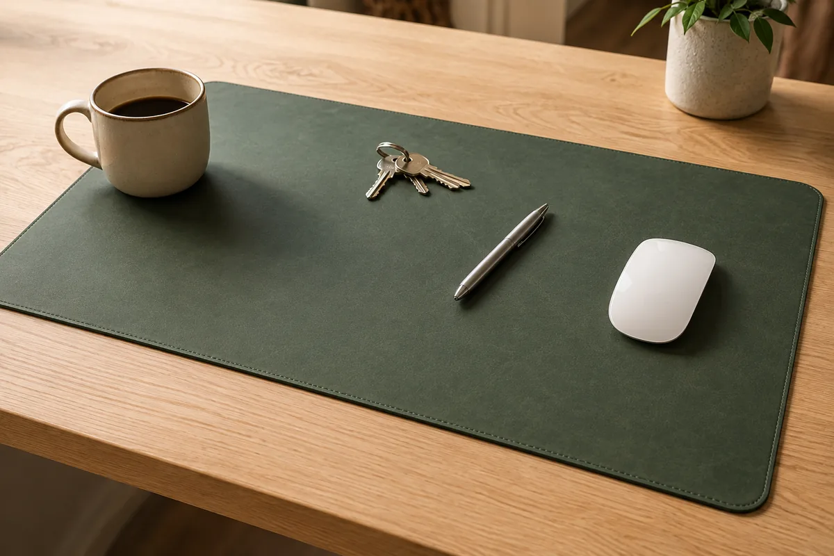 Tasse, trousseau de clés, stylo et souris posés sur un sous-main vert kaki, le bois du bureau restant intact tout autour