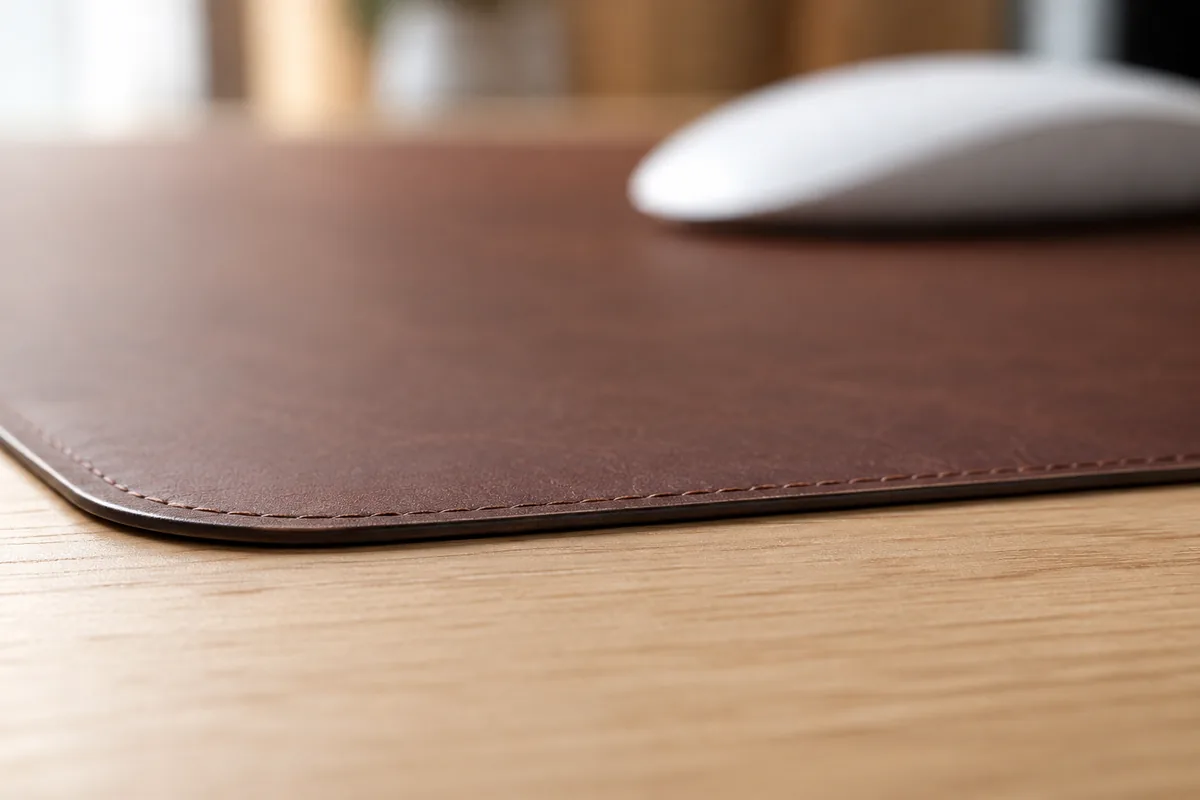 Vue au ras du plateau montrant la très faible épaisseur d'un sous-main en cuir PU posé à plat sur un bureau en bois clair