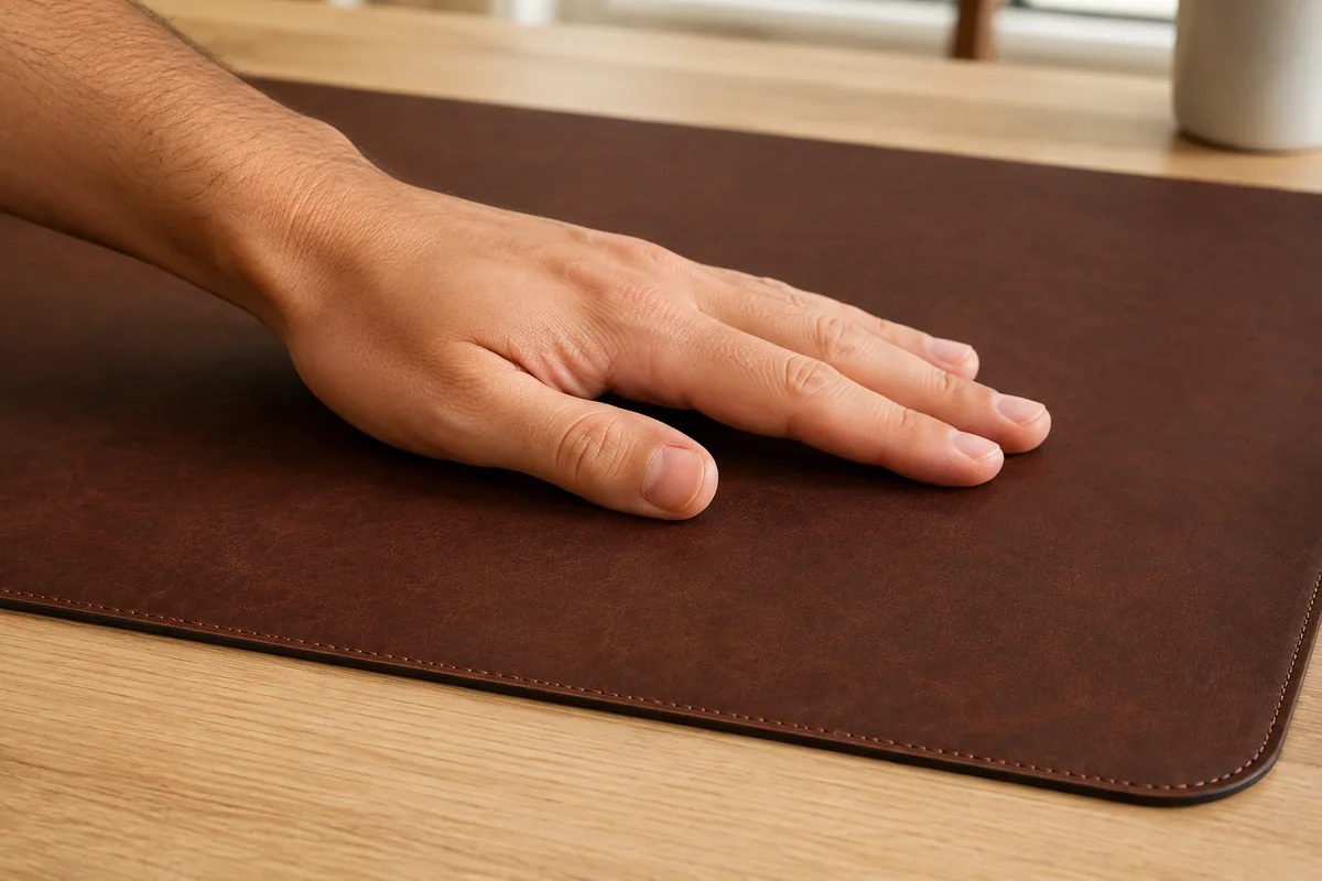 Main adulte passant à plat sur la surface mate d'un sous-main en cuir PU brun foncé, en lumière rasante qui révèle les marbrures