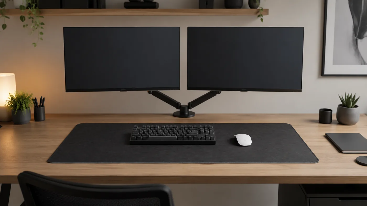 Poste de travail à deux écrans sur bras articulé, clavier mécanique et souris posés sur un sous-main noir charbon couvrant la zone de travail