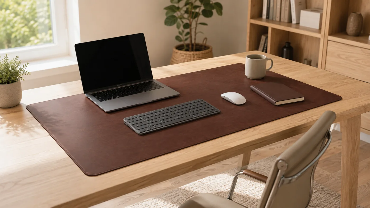 Espace de travail lumineux avec un grand sous-main en cuir PU brun foncé au centre d'un bureau en chêne clair, ordinateur, clavier, carnet et tasse posés dessus
