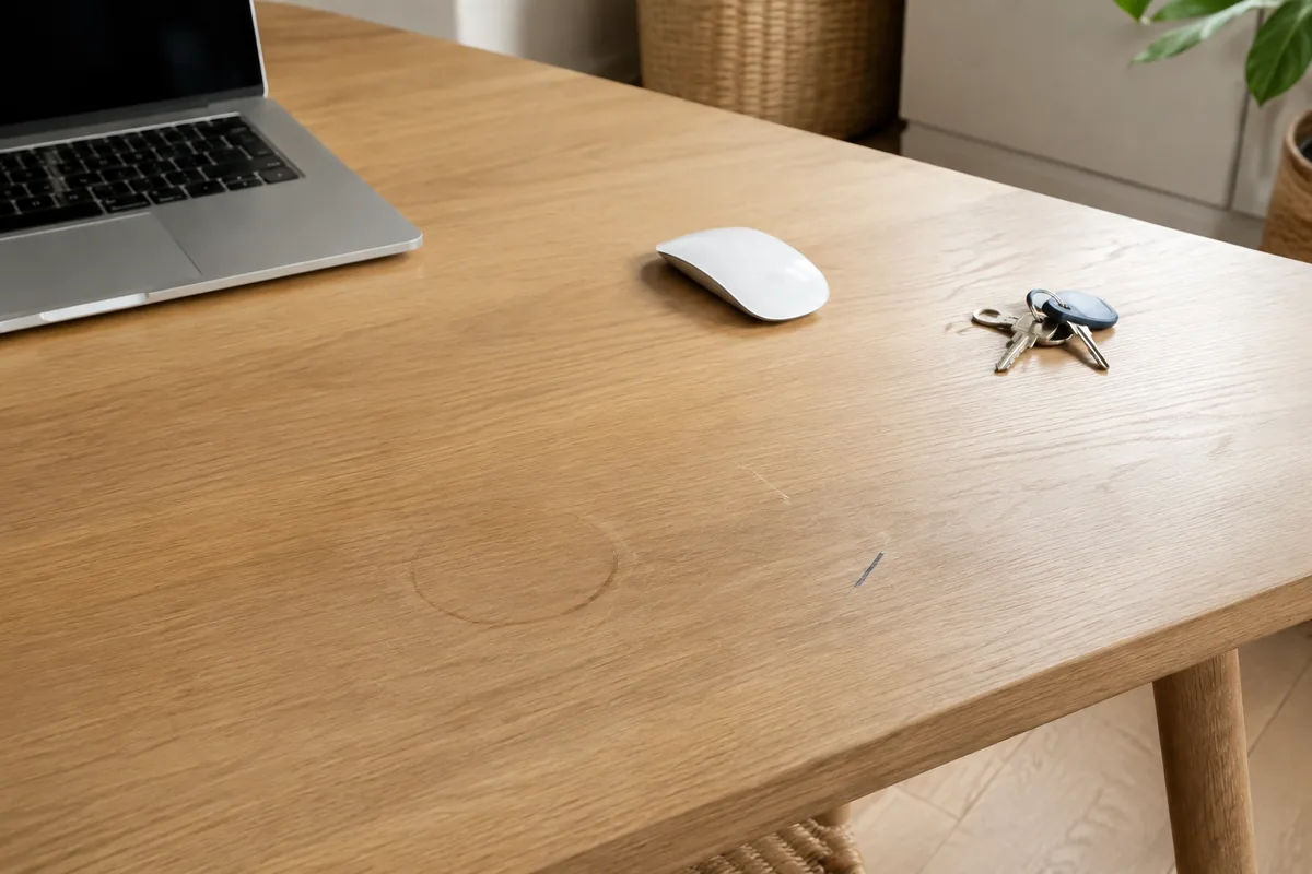 Bureau en bois clair sans protection, portant une légère auréole de tasse, quelques micro-rayures autour de la souris et une trace de stylo