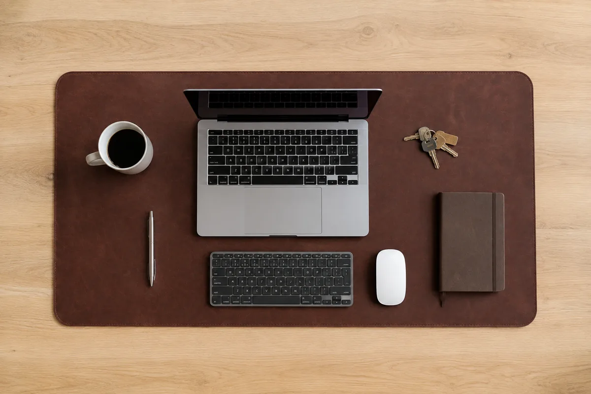 Vue du dessus d'un grand protège-bureau brun foncé couvrant la zone de travail, tous les objets posés dessus et une bande de bois intacte tout autour