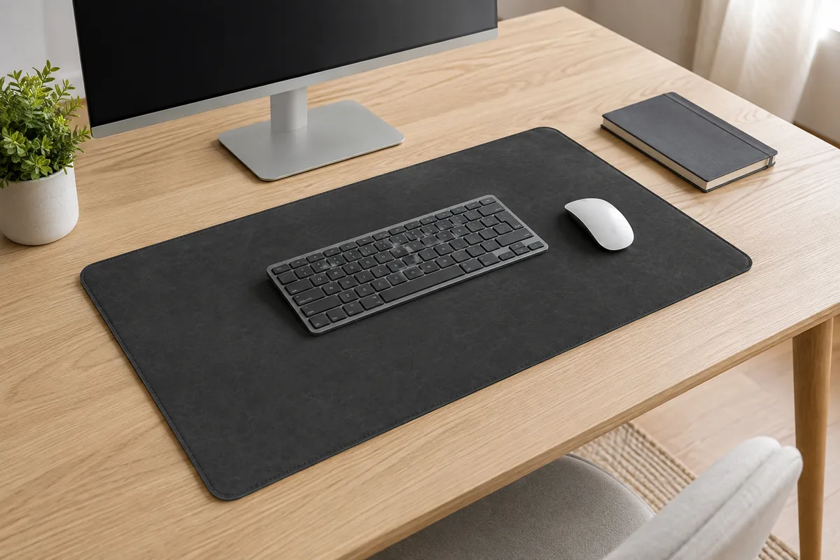 Sous-main noir charbon sur un bureau contemporain en bois clair, avec écran fin, clavier compact et souris blanche