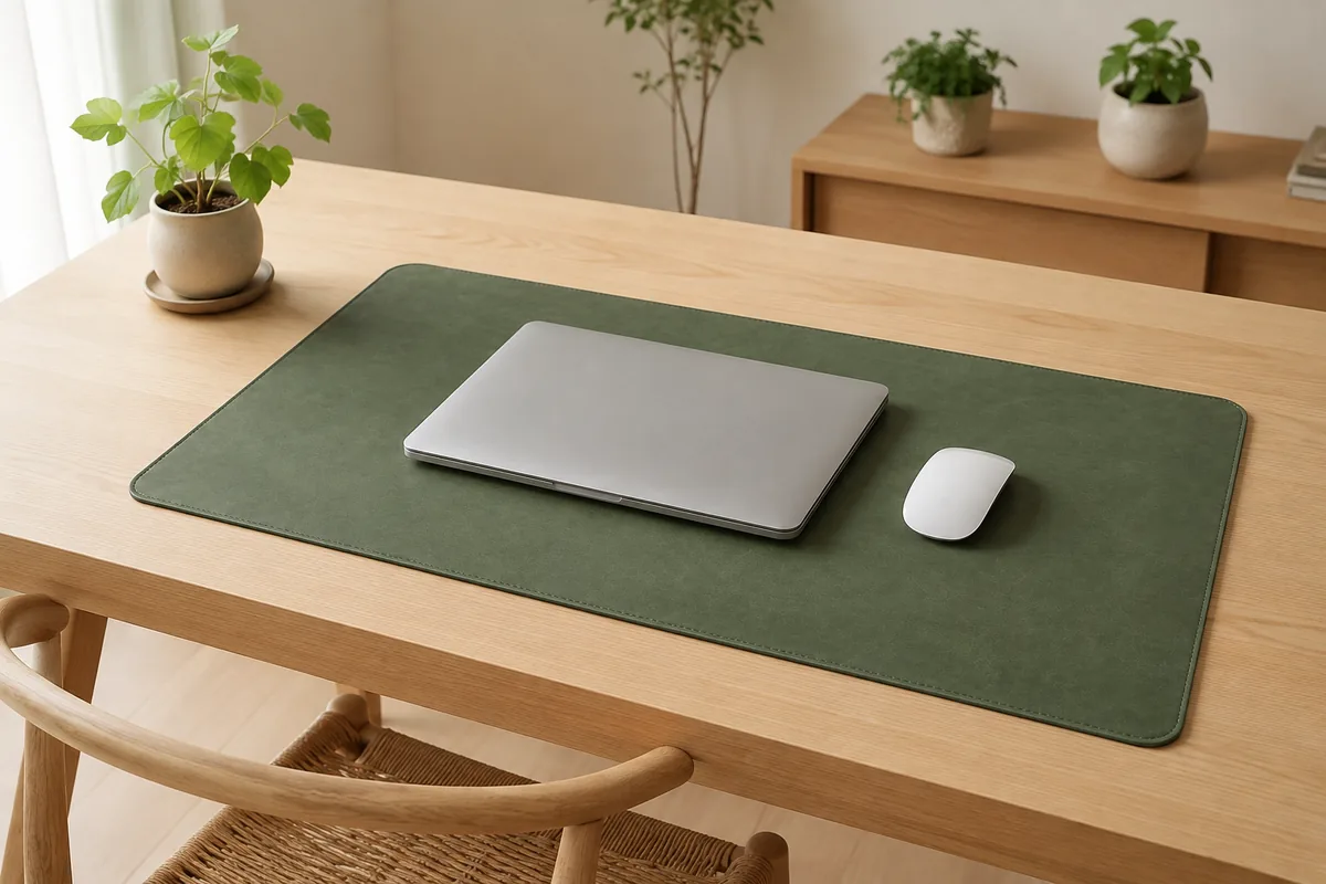 Sous-main en cuir PU vert foncé kaki sur un bureau en bois blond, avec un ordinateur portable argenté et une souris blanche