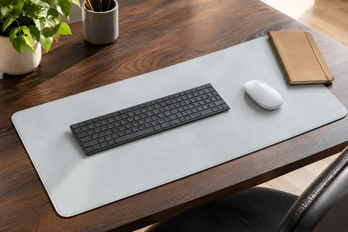 Protège-bureau gris clair sur un bureau en noyer foncé, contraste net entre la surface claire et le bois sombre, avec clavier, souris et carnet