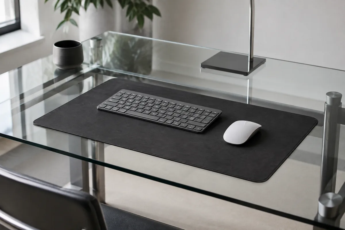 Protège-bureau noir charbon posé bien à plat sur un plateau en verre transparent, avec clavier et souris dessus