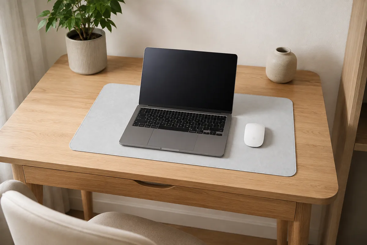 Sous-main gris clair au format 30 × 60 cm sur un petit bureau compact, avec un ordinateur portable 13 pouces et une souris