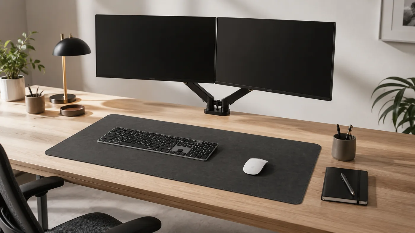 Sous-main noir charbon au format 50 × 100 cm sur un grand bureau, avec clavier pleine taille, souris et deux écrans sur bras articulé