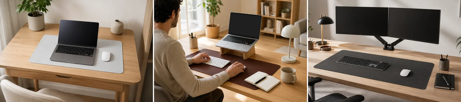 Les trois formats en situation côte à côte : 30 × 60 cm sur un petit bureau, 40 × 80 cm sur un bureau standard et 50 × 100 cm sur un grand poste à deux écrans