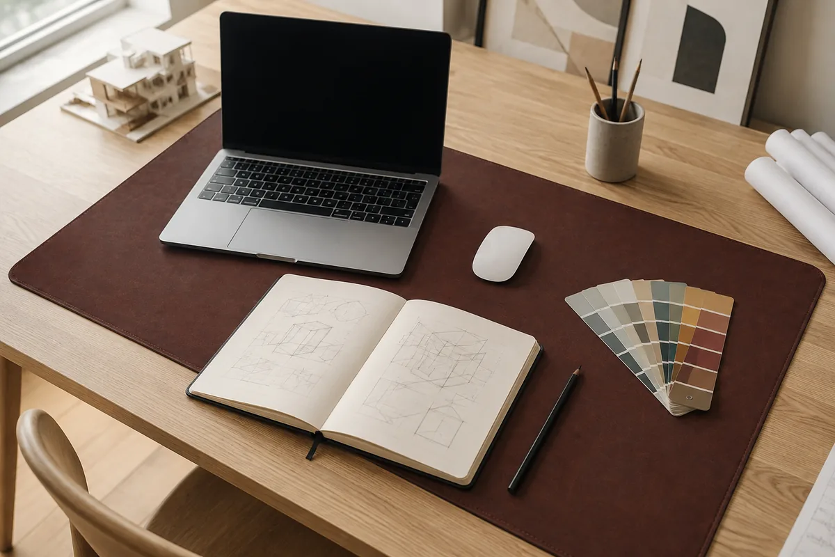 Bureau de créatif : ordinateur portable, souris, carnet de croquis ouvert et nuancier posés sur un grand sous-main brun foncé