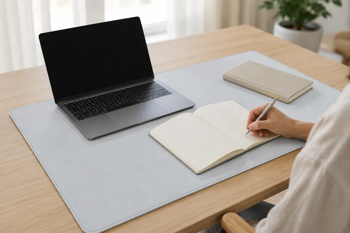 Personne écrivant à la main dans un carnet ouvert posé sur un sous-main gris clair, l'ordinateur portable à portée sur la même surface