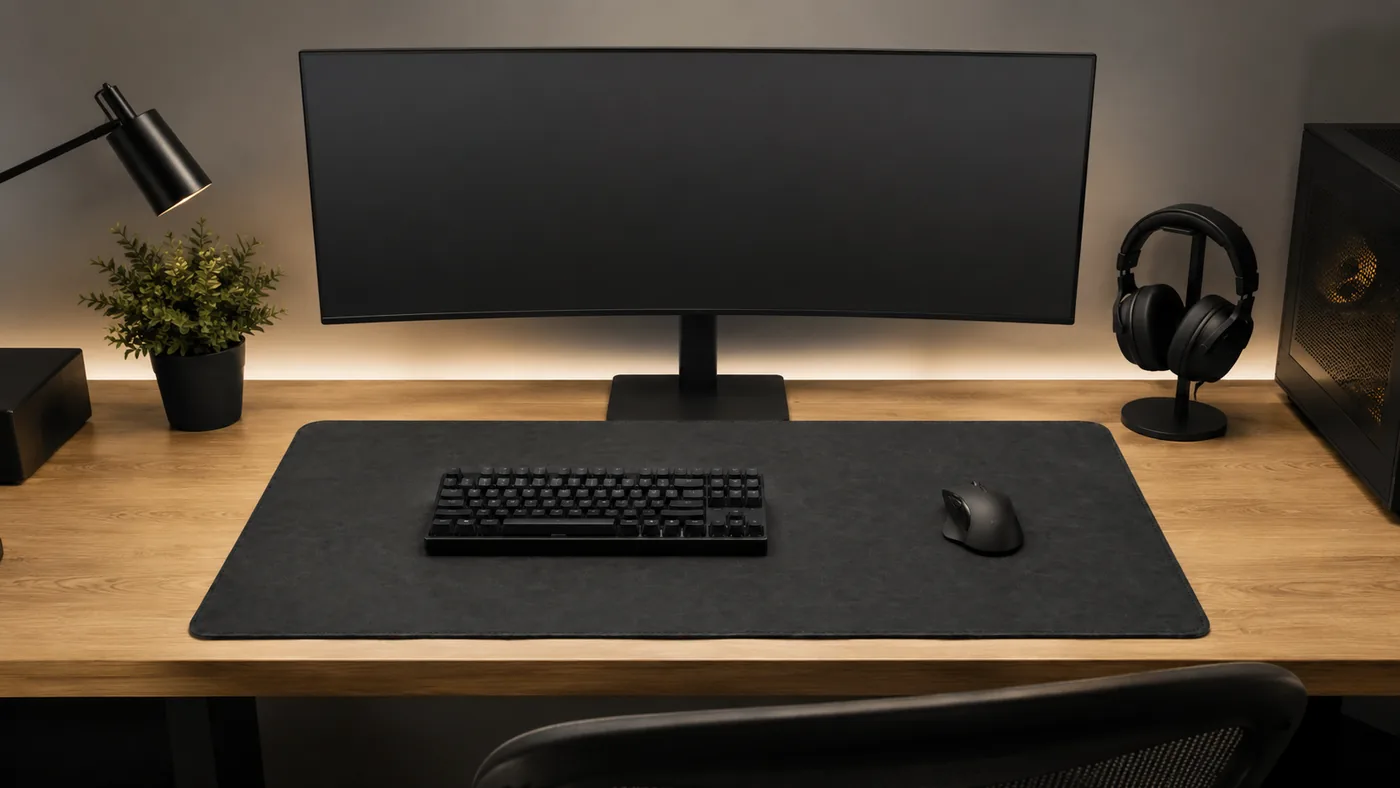 Poste de jeu adulte et sobre : grand écran, clavier mécanique et souris posés directement sur un sous-main noir charbon, sans éclairage coloré