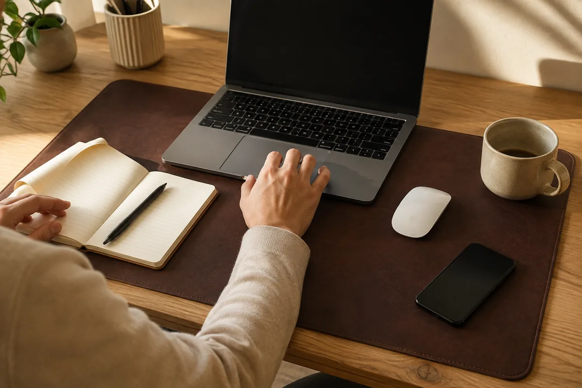 Bureau en pleine journée de travail : ordinateur ouvert, souris, carnet légèrement de travers, stylo et tasse à moitié remplie sur un sous-main brun foncé