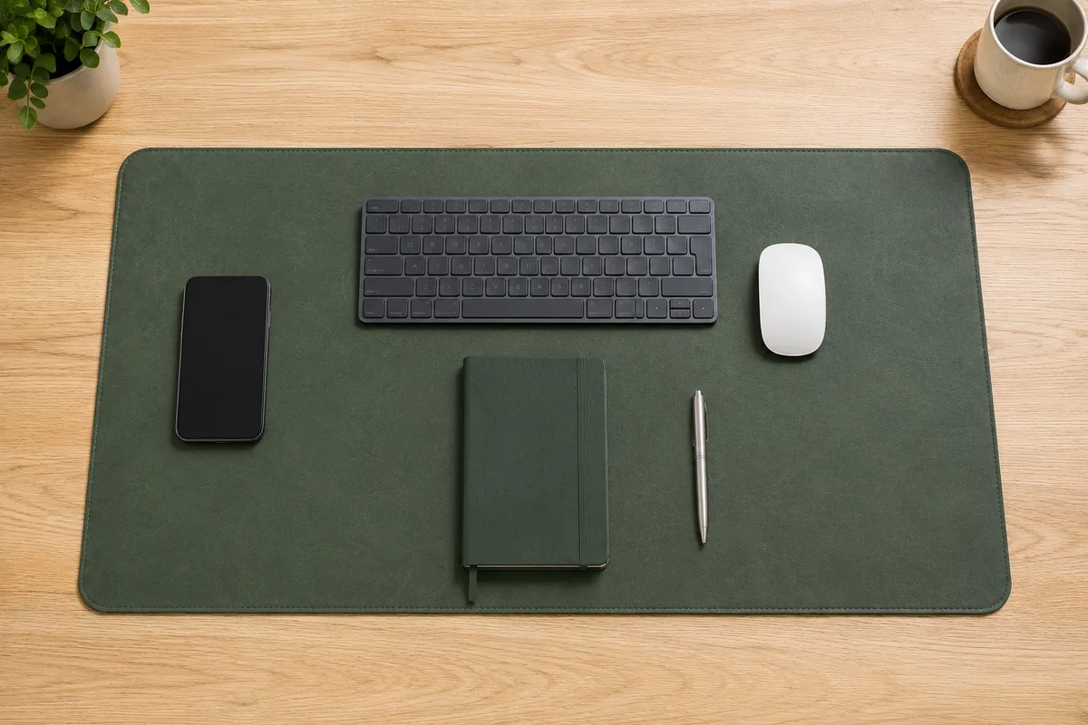 Bureau rangé avec le sous-main, un clavier, une souris et un carnet posés en trois zones distinctes